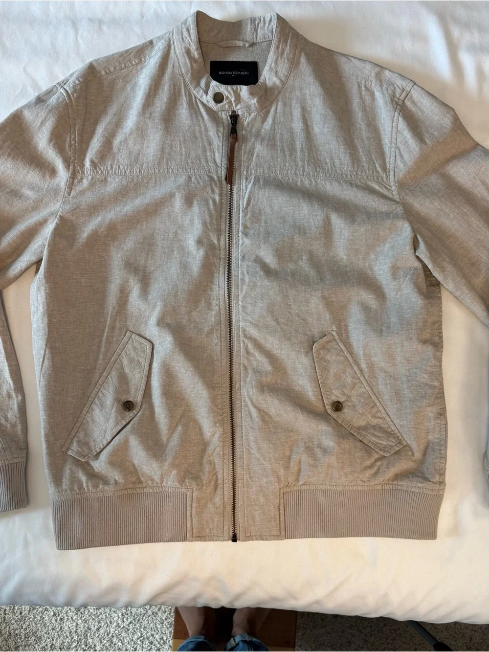Banana Republic Mens Linen Blend Bomber Jacket Large Sand Castle Tan Zip